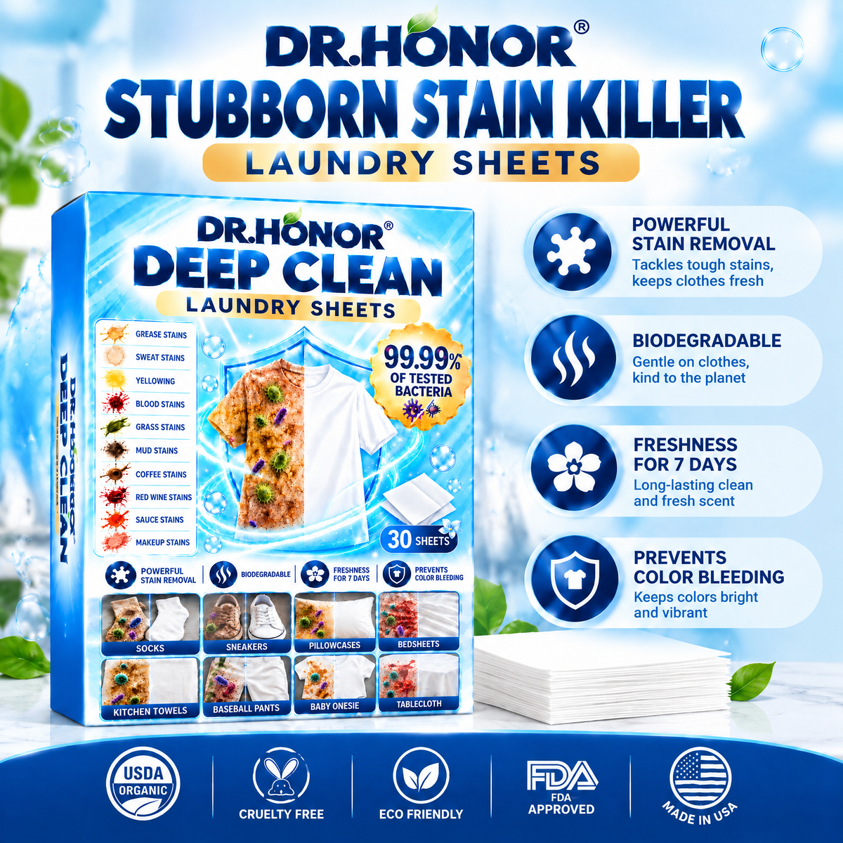 🏆🔥 DR.HONOR® Natural Stain-Fighting & Germ-Killing Laundry Sheets | Crush Grease, Sweat & Tough Stains. Kill 99.99% of Tested Bacteria. Help Prevent Color Bleeding. Stay Fresh for 7 Days.
